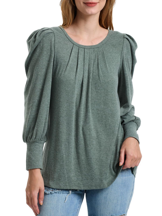 Coynor Womens Tops Puff Long Sleeve Pleated Tunic Trendy Crew Neck Blouses Dressy Casual Comfy T-Shirts(Green,L)